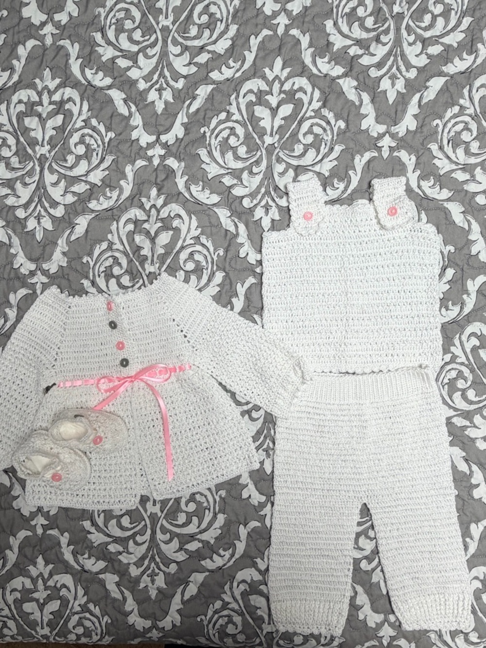 Handmade White Crochet Baby Outfit with Pink Accents